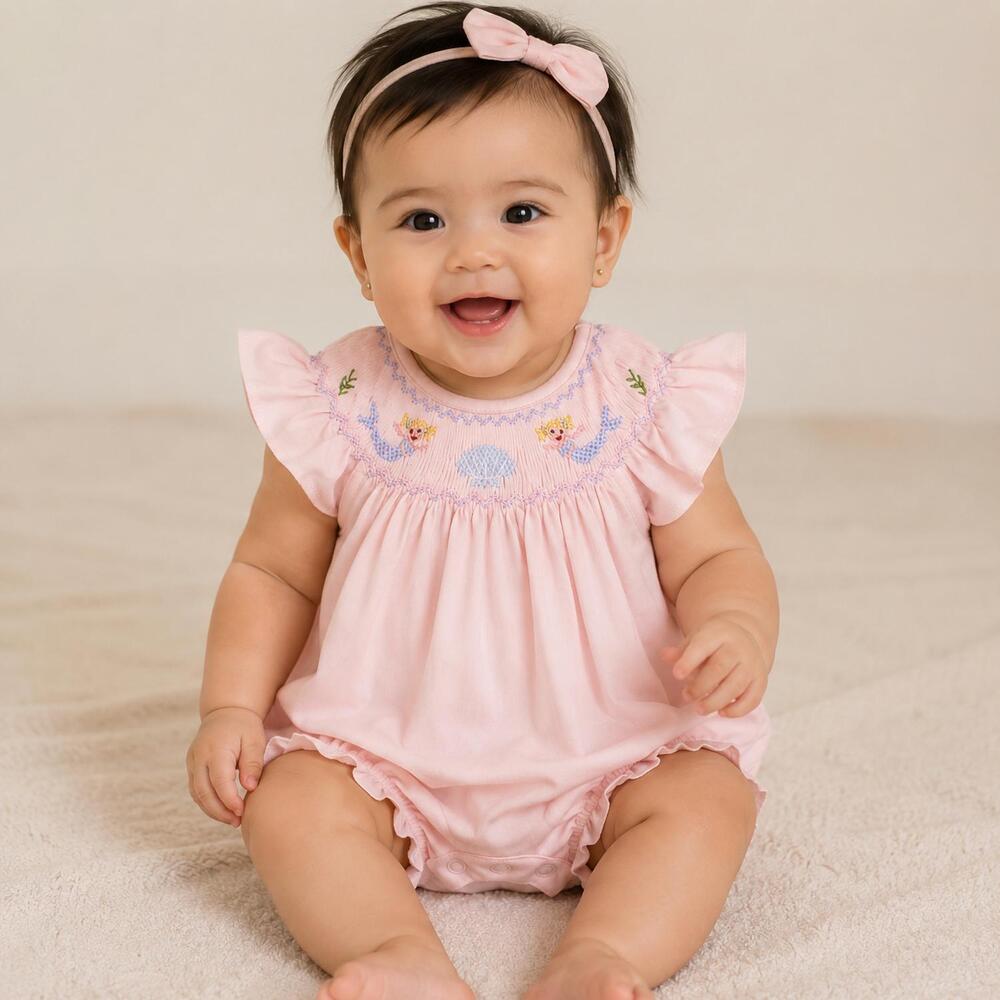 NEW BABY LOREN mermaids hand smocked bishop bubble in pink